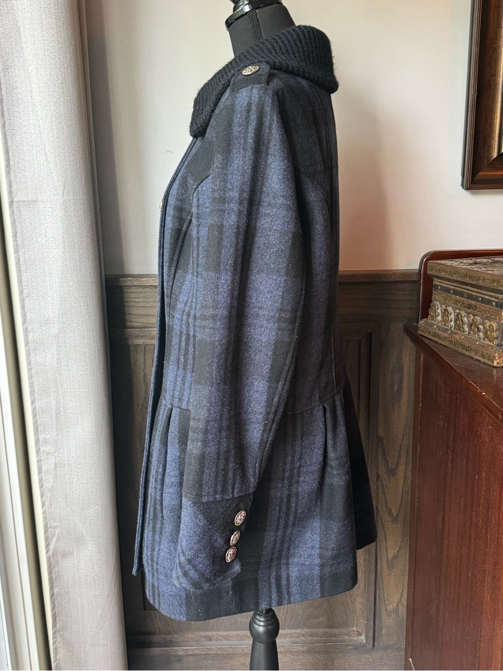 Style & Co. Double-Breasted Plaid Pea Coat in Navy and Black wool blend medium - Picture 3 of 6